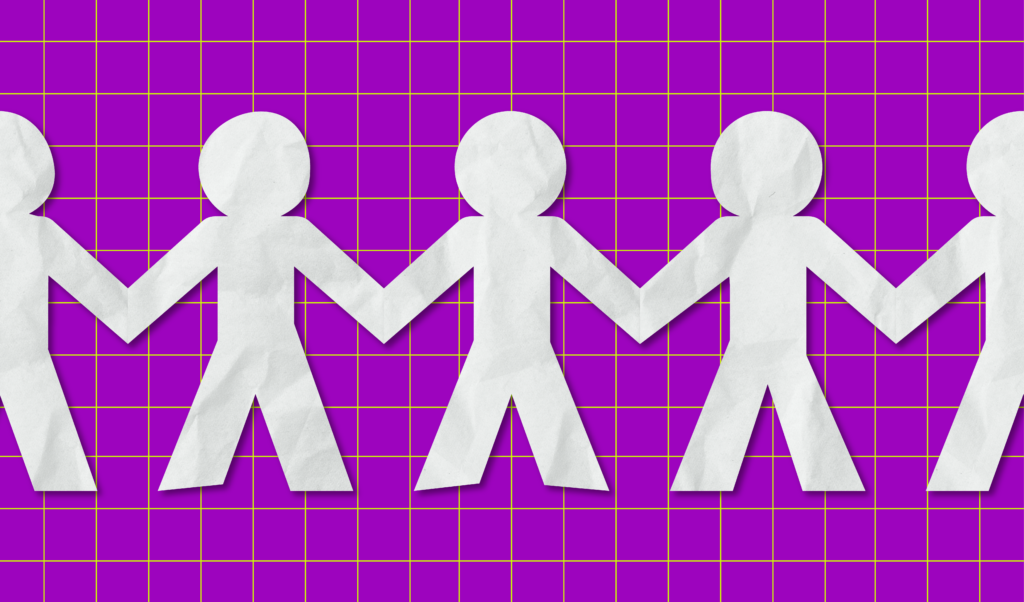 An image of cutout paper people over a purple background with green grid lines