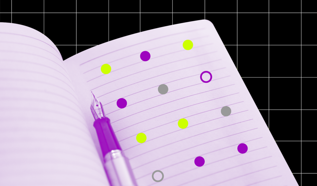 An image of a sketchbook with green and purple dot graphics over a black background with white grid lines