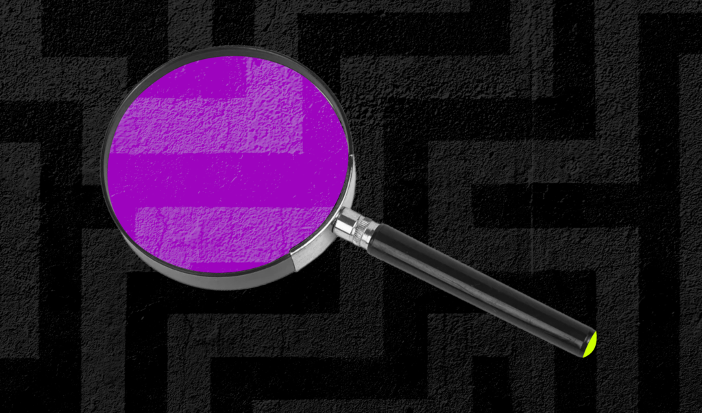 An image of a magnifying glass with a purple lens over a black background with gray lines