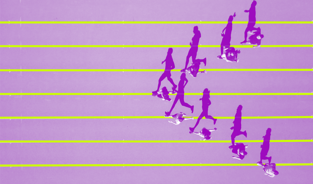 An overhead photo of track runners with a purple and green overlay