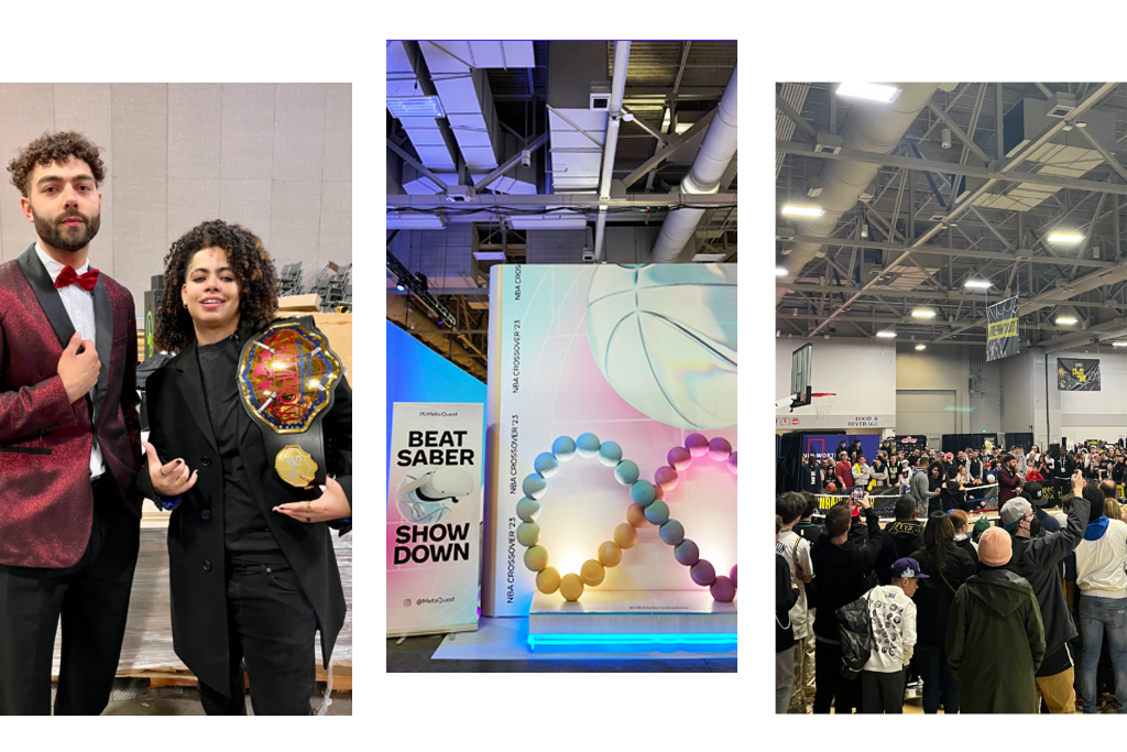 A photo of two people dressed in suits with an award, a photo of a colorful display booth, and a photo of a crowd gathered around a basketball court